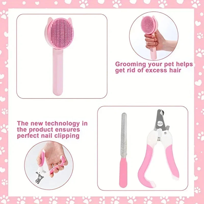 8Pcs Cat Brush Beauty Kit with Pet Nail Clippers and Files Pet Self-Cleaning Kit Flea Comb Pet Shampoo Bath Brush Pet Sheddin,'[