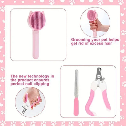 8Pcs Cat Brush Beauty Kit with Pet Nail Clippers and Files Pet Self-Cleaning Kit Flea Comb Pet Shampoo Bath Brush Pet Sheddin,'[