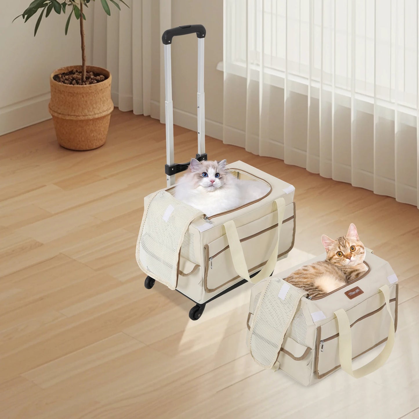 Double-Layer Rolling Pet Carrier Pet Rolling Suitcase Pet Trolley Bag with Mesh Windows for Cats Dogs on Travel Hiking Camping