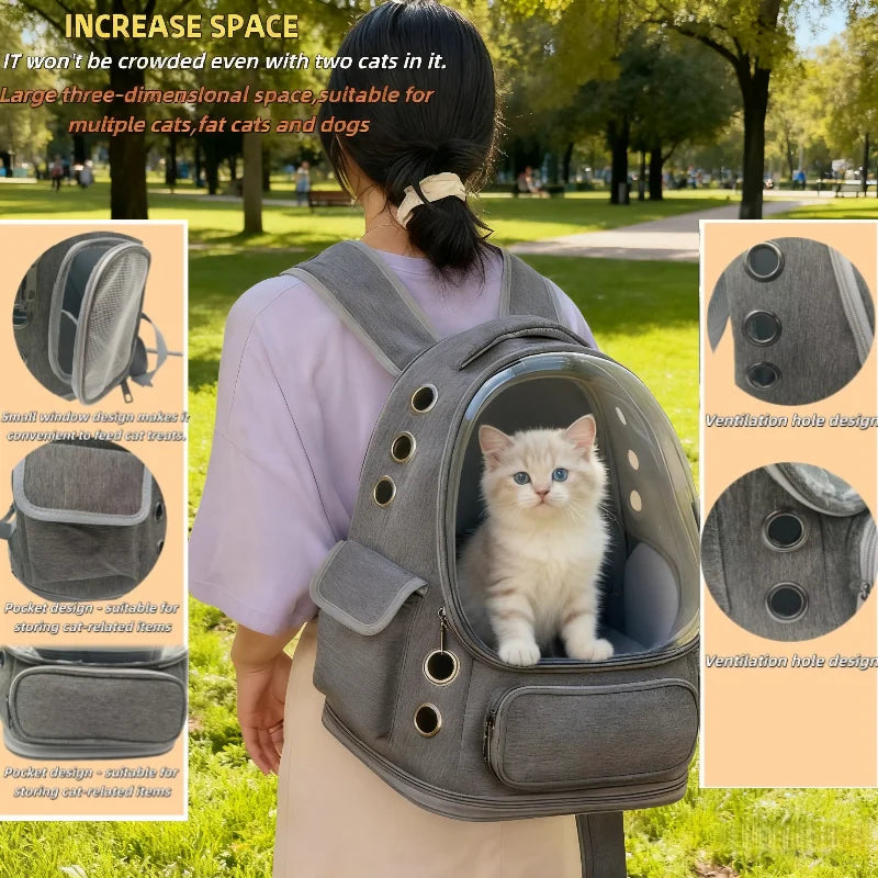 A person wearing a transparent pet carrier backpack with a cat inside, showcasing its spacious and breathable design for outdoor travel.