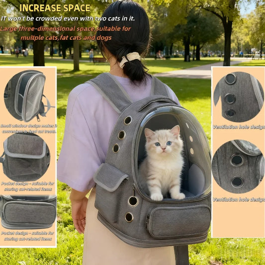 A person wearing a transparent pet carrier backpack with a cat inside, showcasing its spacious and breathable design for outdoor travel.
