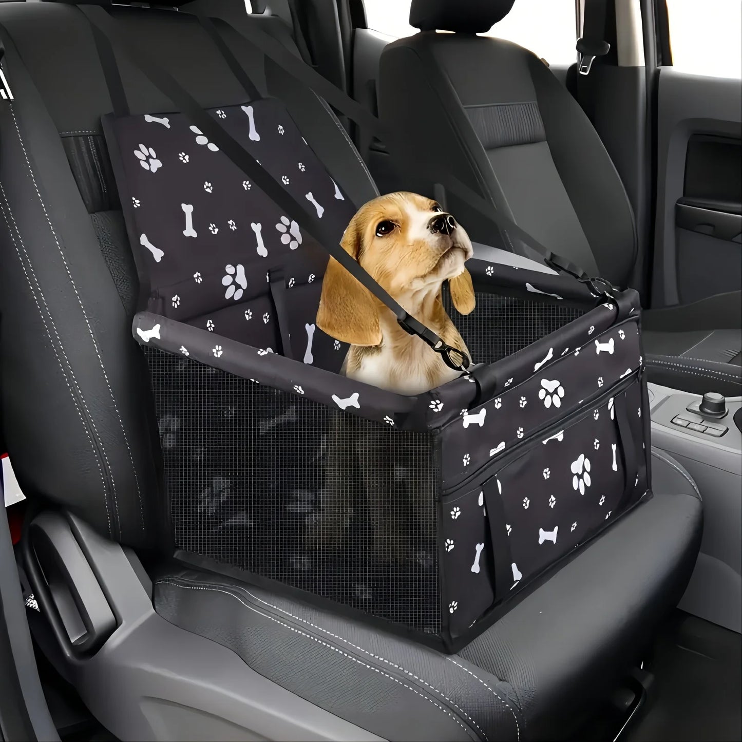 Pet booster seat for car with a dog safely secured inside.