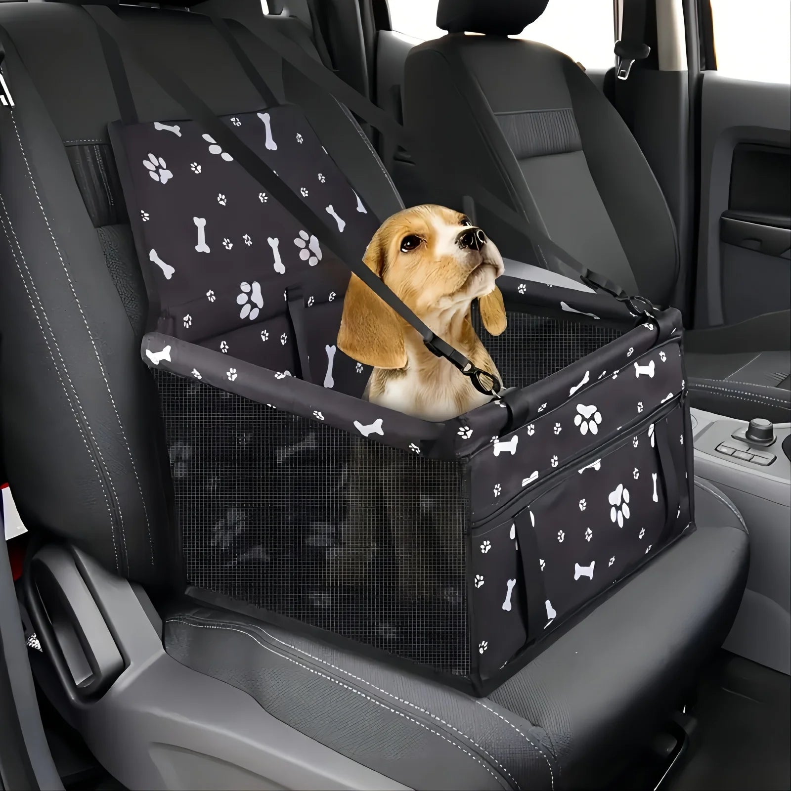 Pet booster seat for car with a dog safely secured inside.