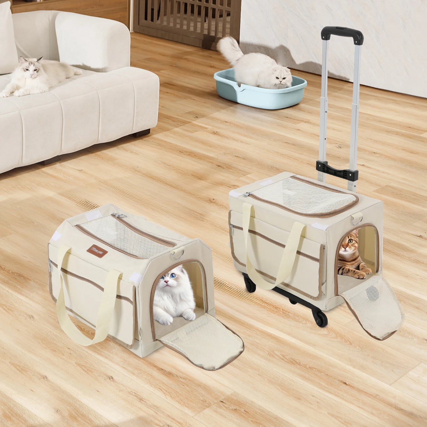 Double-Layer Rolling Pet Carrier Pet Rolling Suitcase Pet Trolley Bag with Mesh Windows for Cats Dogs on Travel Hiking Camping