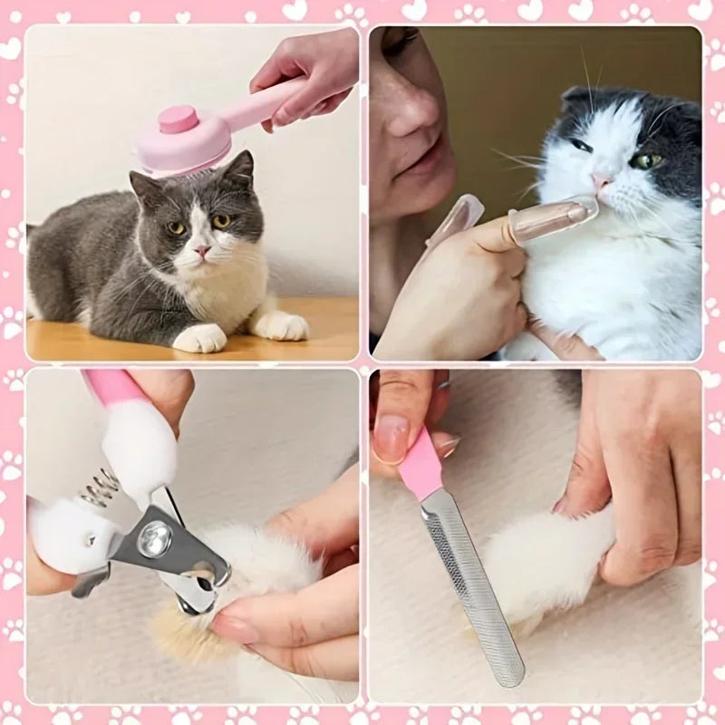 8Pcs Cat Brush Beauty Kit with Pet Nail Clippers and Files Pet Self-Cleaning Kit Flea Comb Pet Shampoo Bath Brush Pet Sheddin,'[