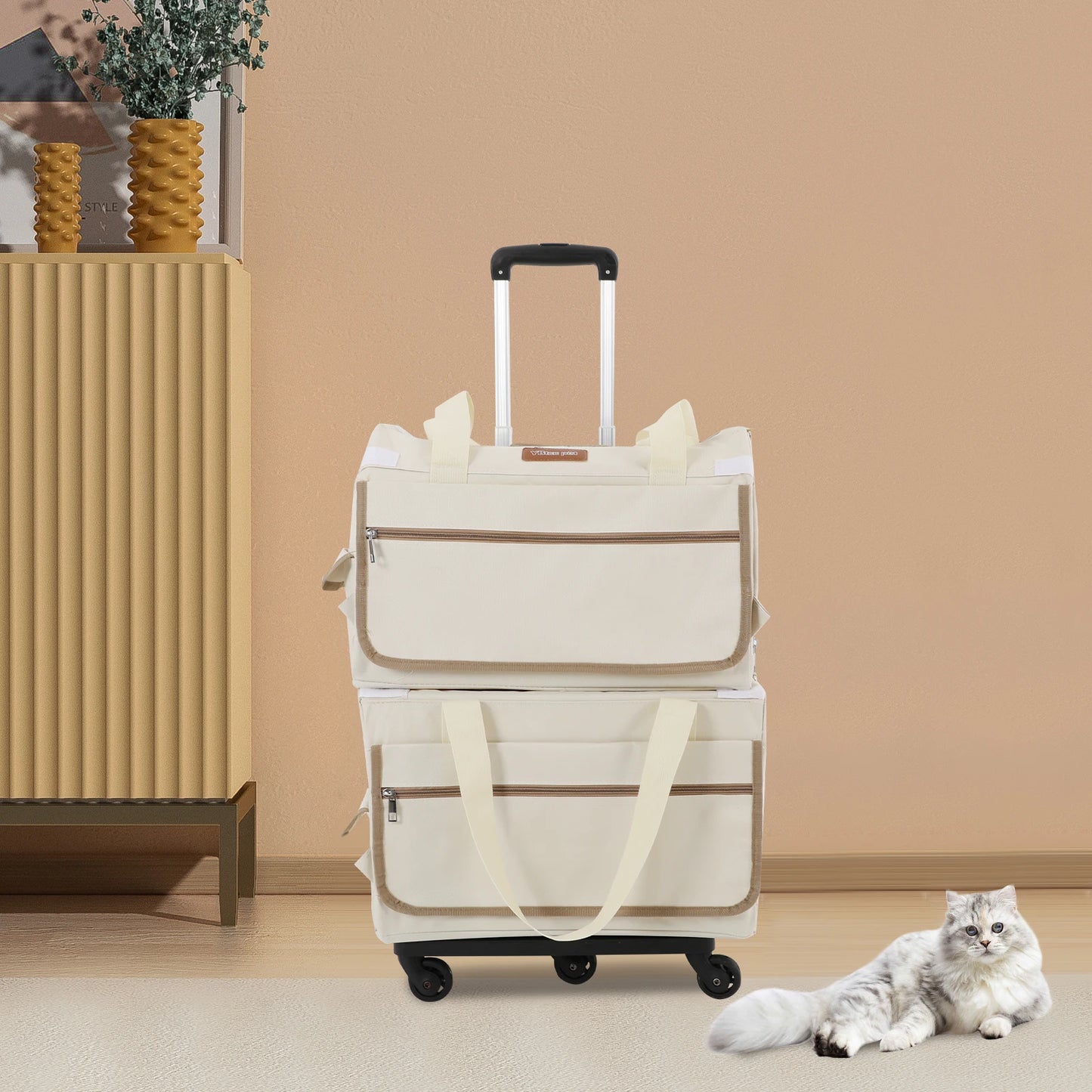 Double-Layer Rolling Pet Carrier Pet Rolling Suitcase Pet Trolley Bag with Mesh Windows for Cats Dogs on Travel Hiking Camping