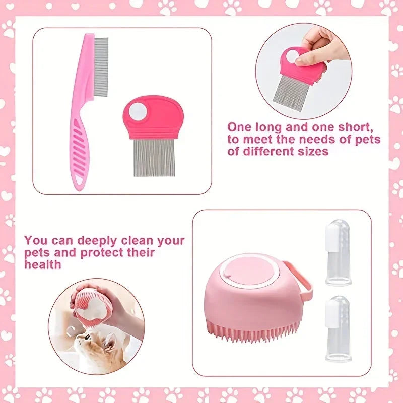 8Pcs Cat Brush Beauty Kit with Pet Nail Clippers and Files Pet Self-Cleaning Kit Flea Comb Pet Shampoo Bath Brush Pet Sheddin,'[
