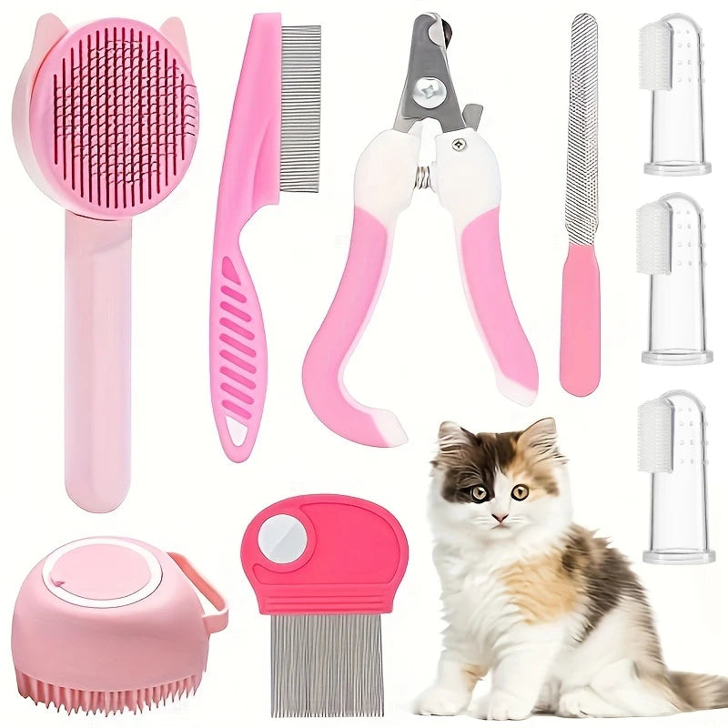 8Pcs Cat Brush Beauty Kit with Pet Nail Clippers and Files Pet Self-Cleaning Kit Flea Comb Pet Shampoo Bath Brush Pet Sheddin,'[
