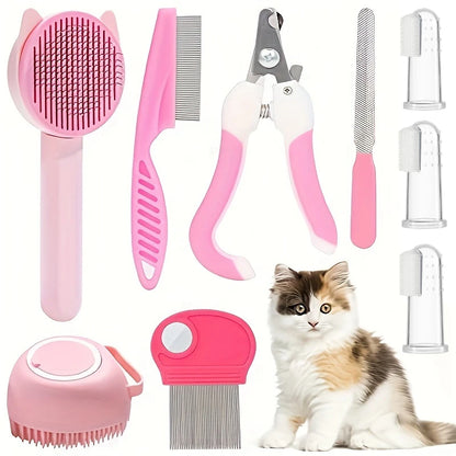 8Pcs Cat Brush Beauty Kit with Pet Nail Clippers and Files Pet Self-Cleaning Kit Flea Comb Pet Shampoo Bath Brush Pet Sheddin,'[
