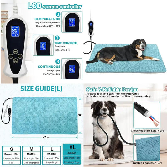 Large 47x30 Smart Thermostat Pet Heating Pad, Chew-Proof Cord, Soft Blue Stripe Cover for Dogs & Cats