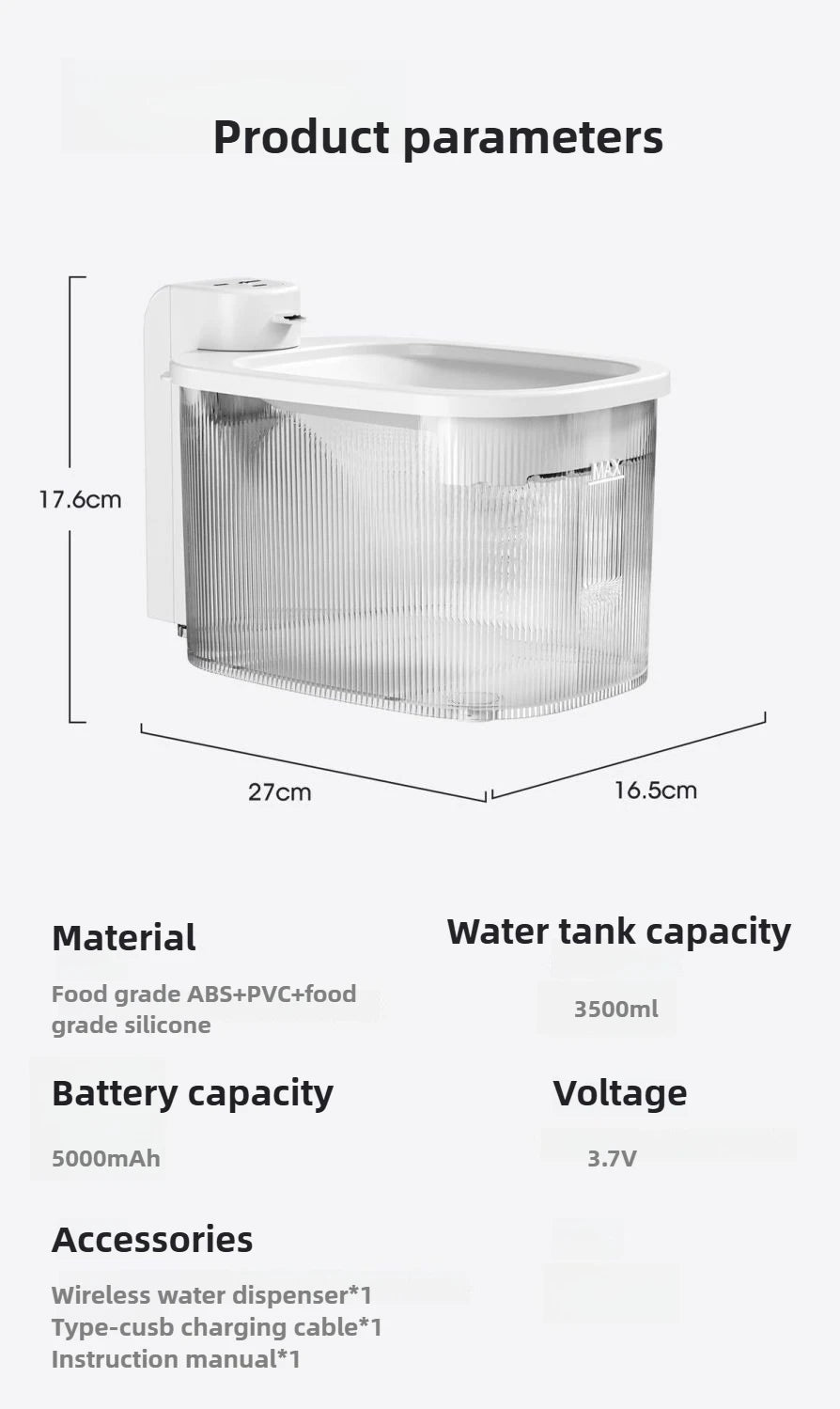 Pet wireless smart water fountain unplugged long battery life cyclic filtration induction automatic silent low power waterer