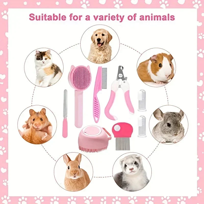 8Pcs Cat Brush Beauty Kit with Pet Nail Clippers and Files Pet Self-Cleaning Kit Flea Comb Pet Shampoo Bath Brush Pet Sheddin,'[