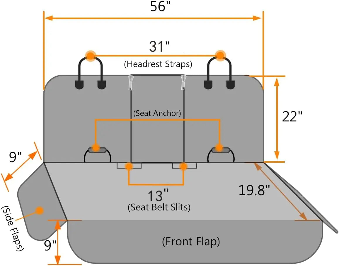 Dimensions of the waterproof dog car seat cover with side flaps for cars, providing a perfect fit for medium breeds.