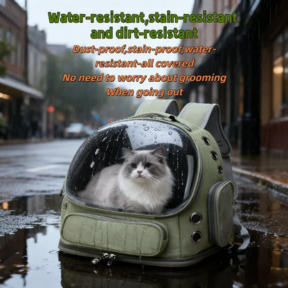 Transparent pet carrier backpack with water-resistant features for pets.