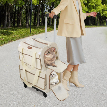 Double-Layer Rolling Pet Carrier Pet Rolling Suitcase Pet Trolley Bag with Mesh Windows for Cats Dogs on Travel Hiking Camping