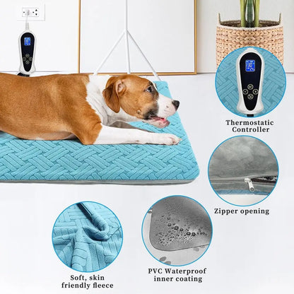 Large 47x30 Smart Thermostat Pet Heating Pad, Chew-Proof Cord, Soft Blue Stripe Cover for Dogs & Cats